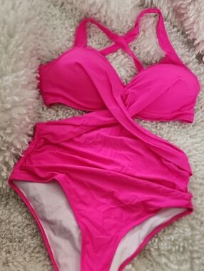 Hot Pink One-Piece Swimsuit with Twist Front, High Bottoms. Size XL